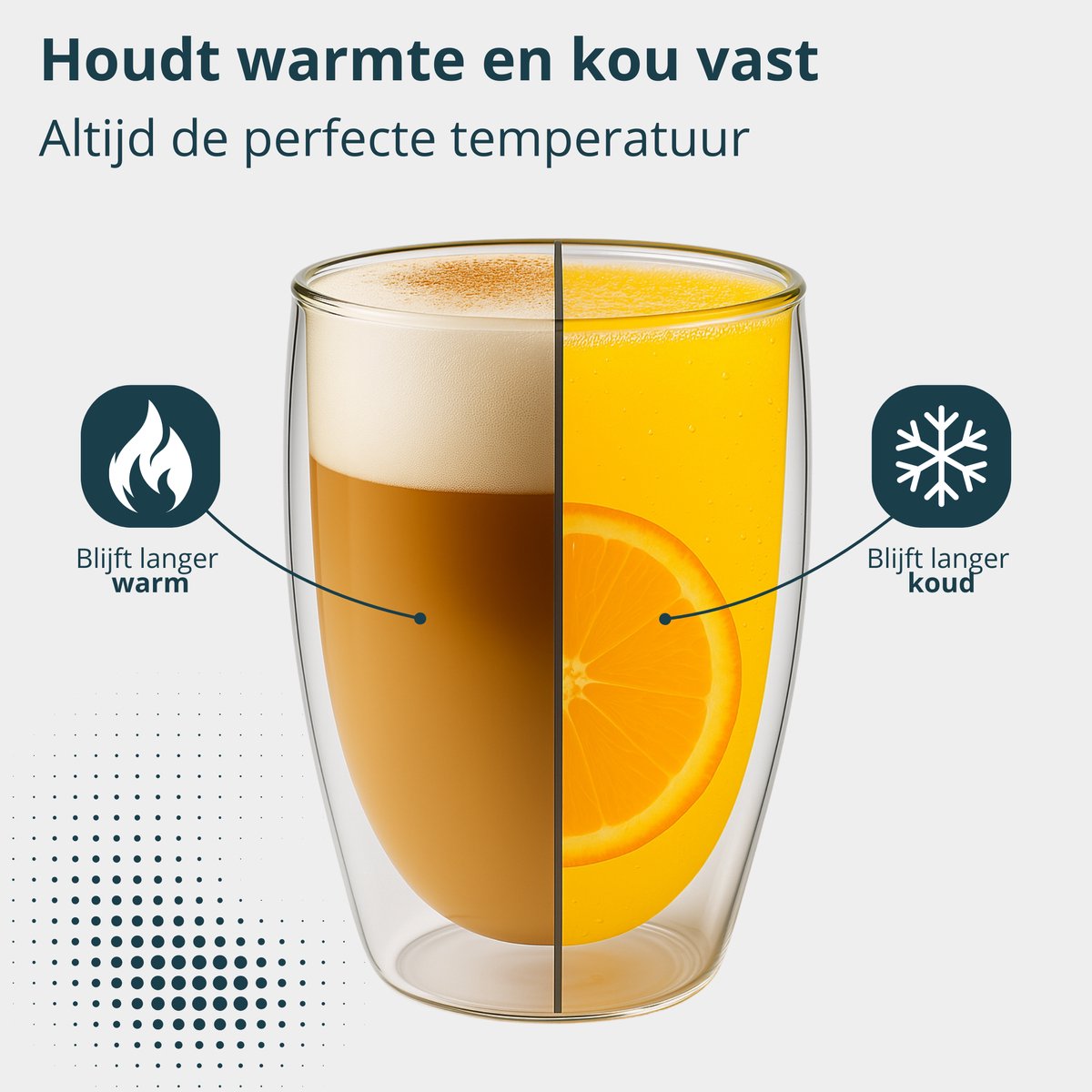Glas van 350 ml half met cappuccino, half met jus d'orange: blijft langer warm en langer koud