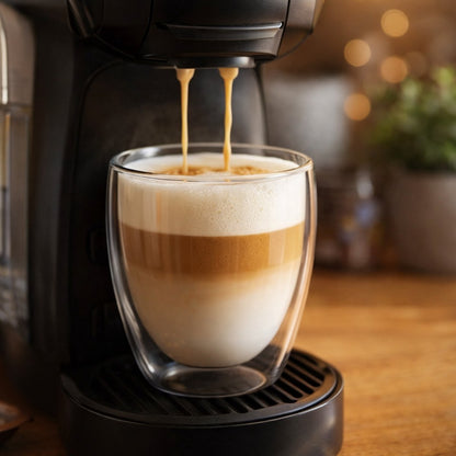 Koffiemachine schenkt espresso in een latte macchiato in een dubbelwandig glas van 350 ml
