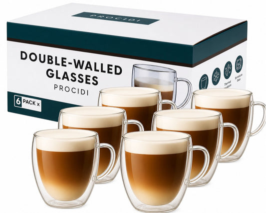 Doos met zes Procidi dubbelwandige glazen met oor van 250 ml met cappuccino