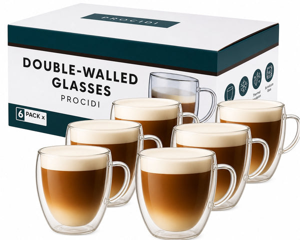Doos met zes Procidi dubbelwandige glazen met oor van 250 ml met cappuccino