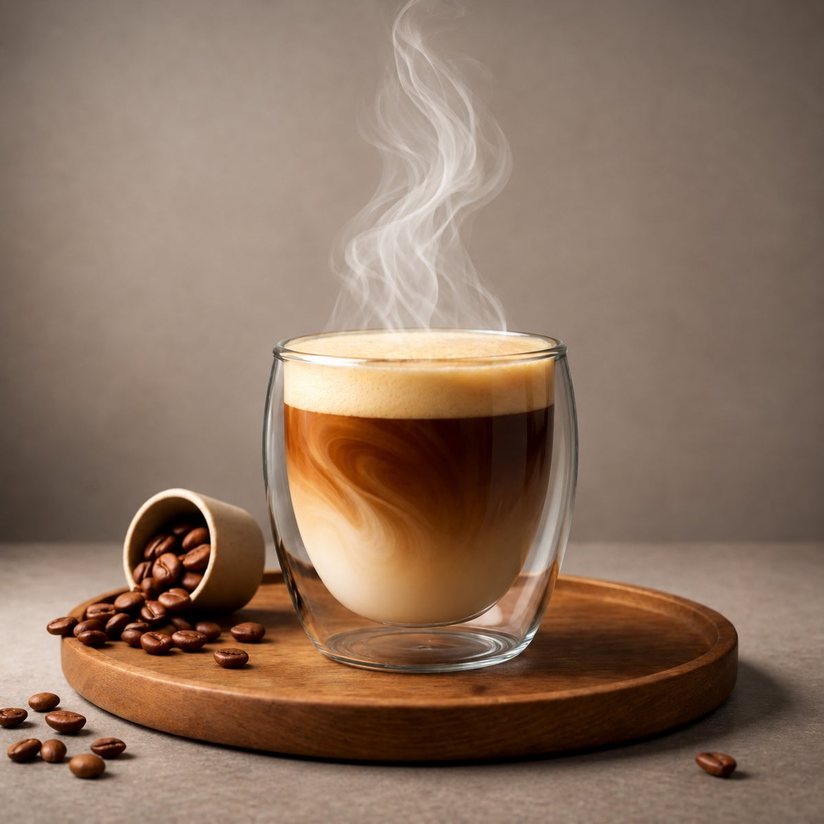 Dubbelwandig glas van 250 ml met dampende koffie op een houten plank met koffiebonen