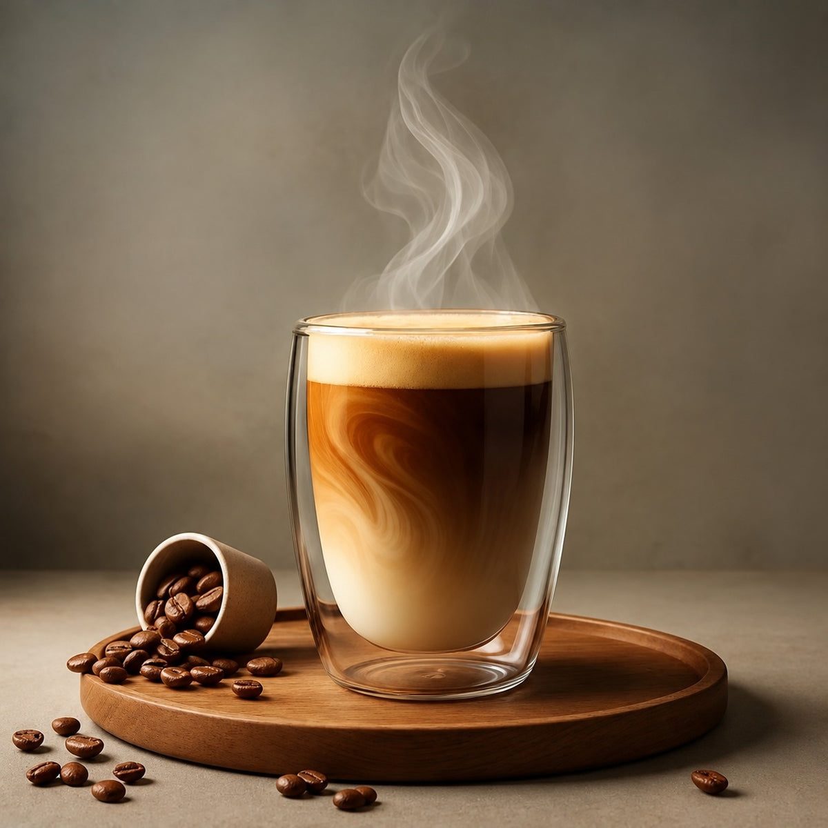 Dubbelwandig glas van 350 ml met dampende latte op een houten plank met koffiebonen