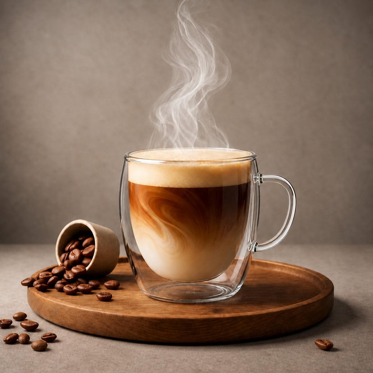 Dubbelwandig glas met oor van 250 ml met dampende koffie op een houten plank met koffiebonen
