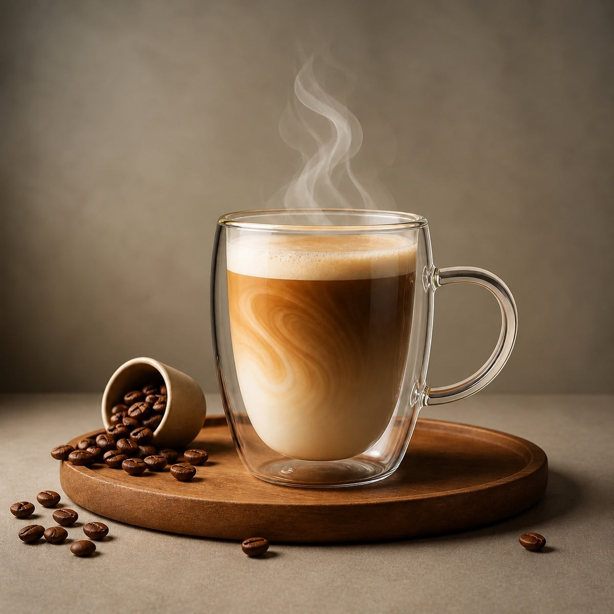 Dubbelwandig glas met oor van 350 ml met dampende latte op een houten plank met koffiebonen