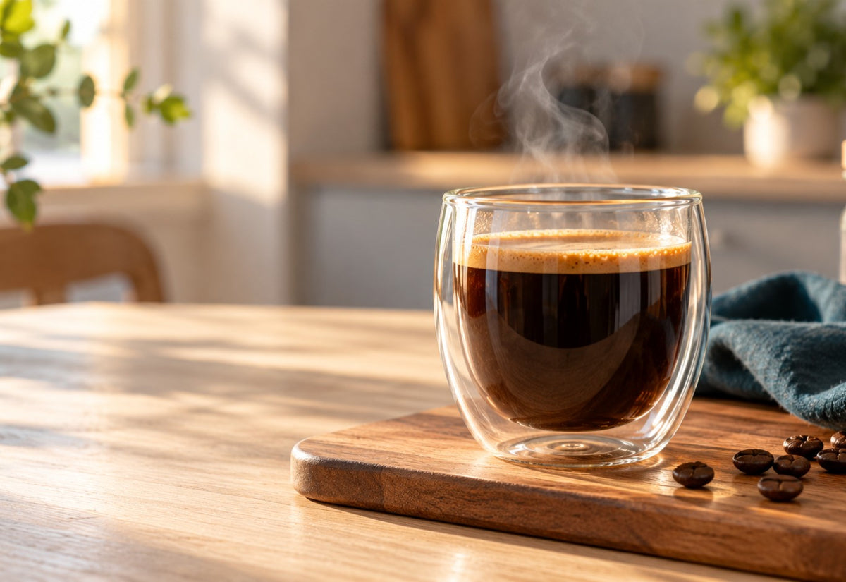 Dampende koffie in een dubbelwandig glas op een houten plank